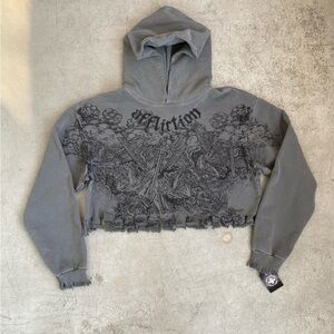 Affliction Angels Distressed Grey Wash Boxy Crop Hoodie Sweatshirt L